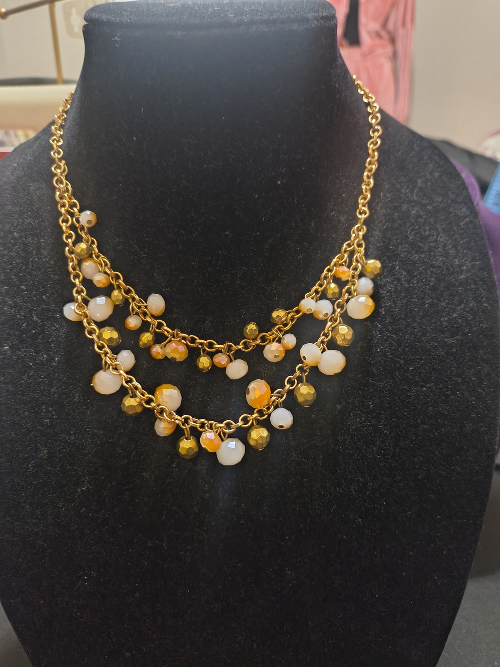 Gold-Tone Multi-Strand Bead Necklace in White and Yellow